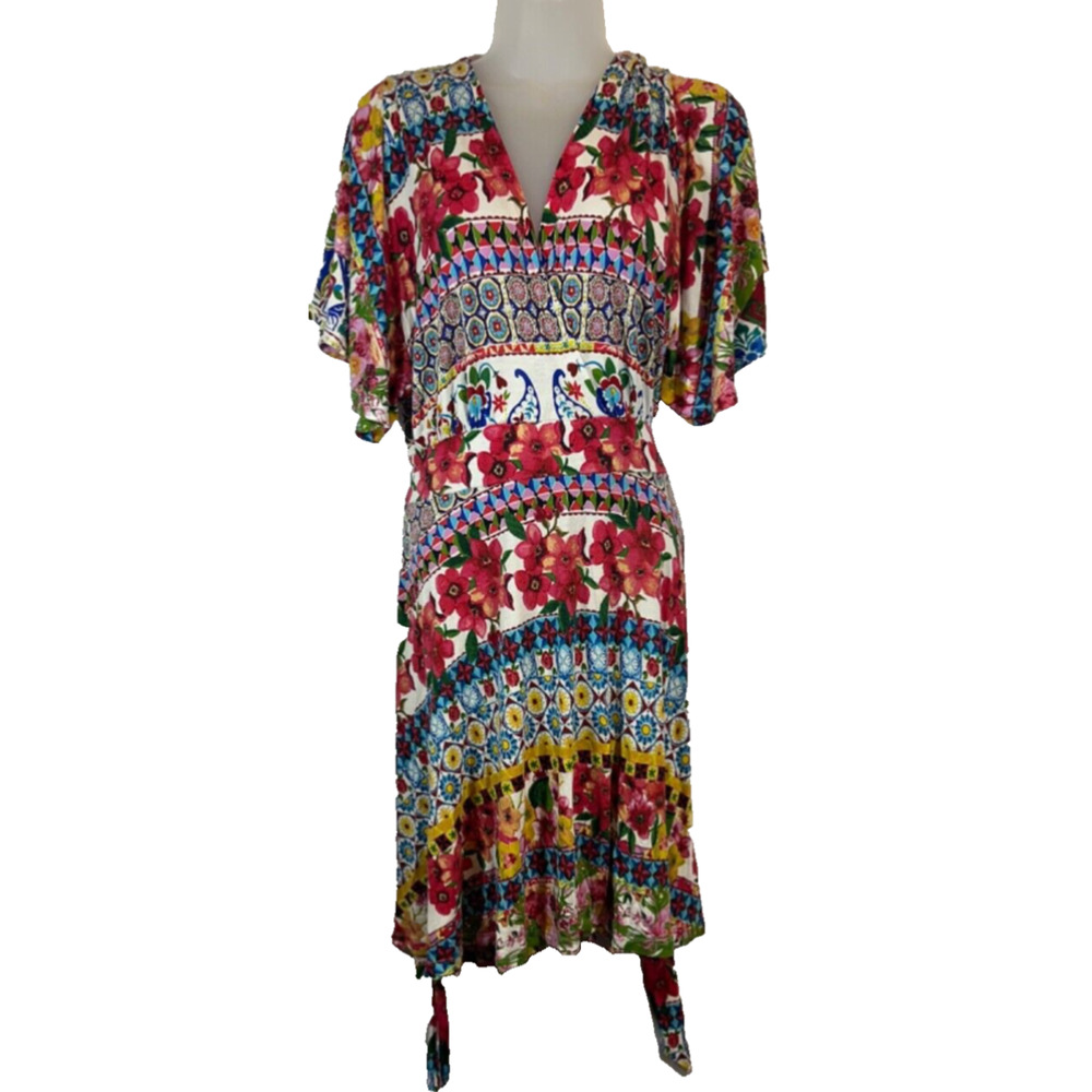 Desigual Dress Empire Waist Surplice Stretch M Midi Floral Tie Back Knit C17